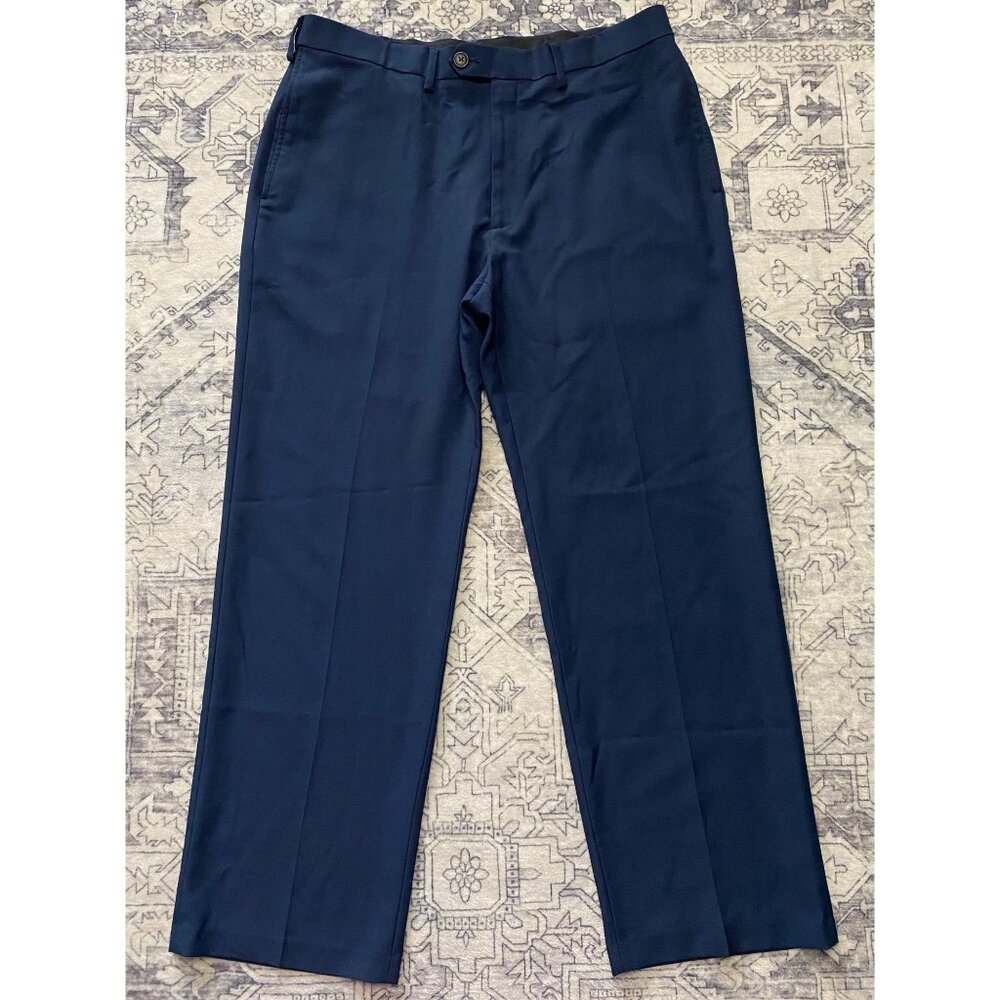 Haggar Classic Fit Eclo Stria Navy Dress Pants 36x30 Blue Stretch Waistband